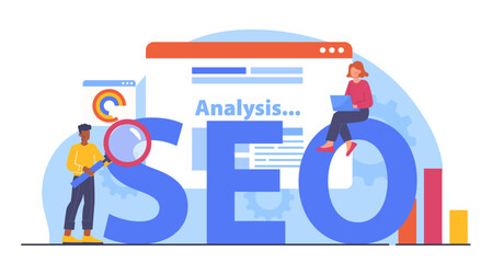 Analysis SEO concept. People with search engine optimization. Analysis of user behavior on website, promotion on Internet. Specialists at workplace. Cartoon flat vector illustration