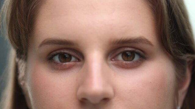 Close-up of a woman's eyes. Focus on eye retina. Beautiful brown eyes close up photo.