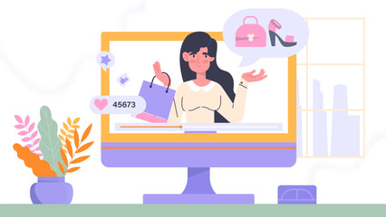 Fashion blogger tips concept. Young girl at computer screen and monitor. Popular personality and blogger in social networks. Trend, aesthetics and elegance. Cartoon flat vector illustration
