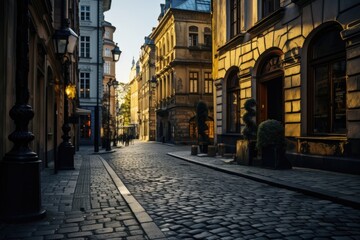 European Street with Old Stone Buildings and Clean Cobbled Paths Generative AI