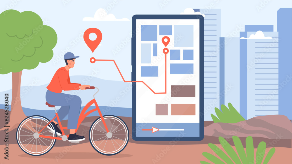Aufkleber mobile app with map concept. navigation and geolocation. man on bicycle rides to address. home deliv