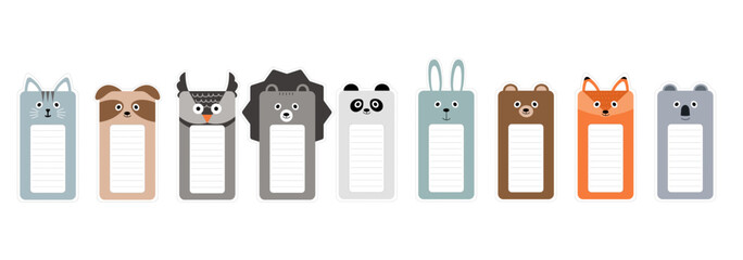 Cartoon animal bookmarks set with a space for writing. Animal head set - obrazy, fototapety, plakaty
