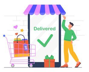 Mobile application for shopping concept. Man near screen of smartphone with cart with goods. Electronic commerce and home delivery. Marketing and Advertising. Cartoon flat vector illustration