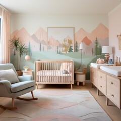 Whimsical Wall Art, a Crib, and Rocking Chair Complete the Soft Pastel Nursery Design. Generative AI