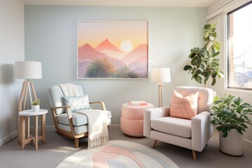Whimsical Wall Art, a Crib, and Rocking Chair Complete the Soft Pastel Nursery Design. Generative AI