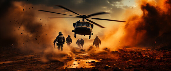 Dusty battlefield in the sandy desert. Armed soldiers walking by the dirt road under the flying helicopter. War concept. Generative AI.