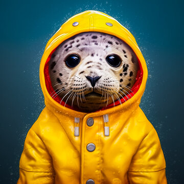 Portrait d'un b&eacute;b&eacute; phoque mignon habill&eacute; avec un cir&eacute; jaune de marin - G&eacute;n&eacute;rative IA