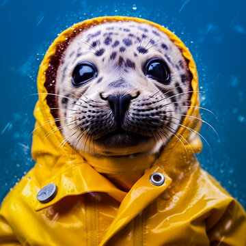 Portrait amusant d'un bébé phoque mignon habillé avec un ciré jaune de marin avec une capuche - Générative IA