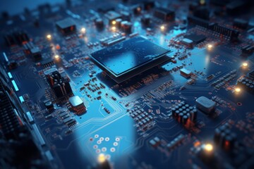 electronic circuit board, Circuit Board with Wiring in Light Indigo and Dark Gold, Showcasing Mechanical Designs and Superflat Aesthetics of the 21st Century