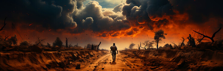 Obraz na płótnie Canvas Rear view of a lonely soldier walking by the road. Military man goes by the land devastated by war. Burnt trees and heavy clouds at backdrop. Generative AI.