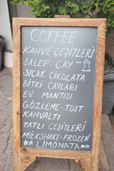 Cafe menu sign of different coffees selection