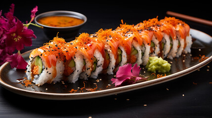 A plate of vibrant vegetable sushi rolls, made with fresh ingredients and served with soy sauce and wasabi