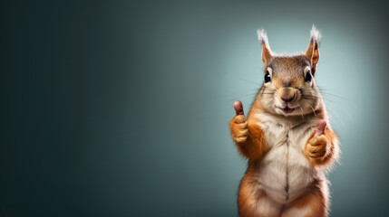 Cute funny squirrel, smiling, showing approving thumbs up to appreciate good work or product. Wide banner with copy space side. Generative AI