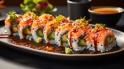 A plate of vibrant vegetable sushi rolls, made with fresh ingredients and served with soy sauce and wasabi