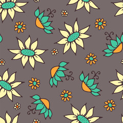 Seamless pattern with retro flowers. 70s style colorful floral background
