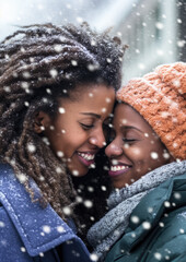 Black African lesbian couple on a winter day - smiling happy, snow falling around, their faces together, intimate candid moment. Generative AI