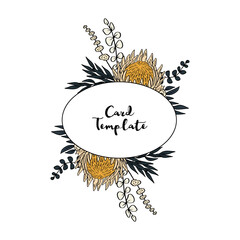 Hand drawn colorful line art tropical protea flower horizontal oval frame. Floral wreath greeting card template