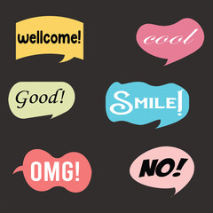 Hand drawn speech bubble. Set with text (hi, hello, hey). Speech bubble colorful set.