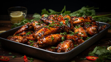 A tray of golden-brown chicken wings, glazed with a sticky barbecue sauce