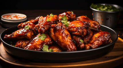 A tray of golden-brown chicken wings, glazed with a sticky barbecue sauce