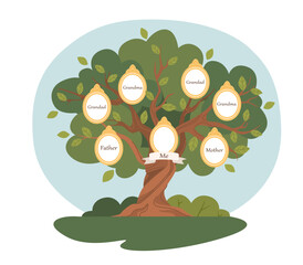 Family genealogy tree concept. Grandparents, parents and children. Scheme of generations, family ties between relations. History and information. Cartoon flat vector illustration