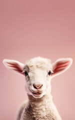 Cute lamb or small sheep, studio portrait with copy space above. Generative AI