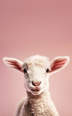 Obraz premium Cute lamb or small sheep, studio portrait with copy space above. Generative AI