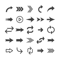 Arrow icon set. Collection of different arrows. Black vector pictogram.