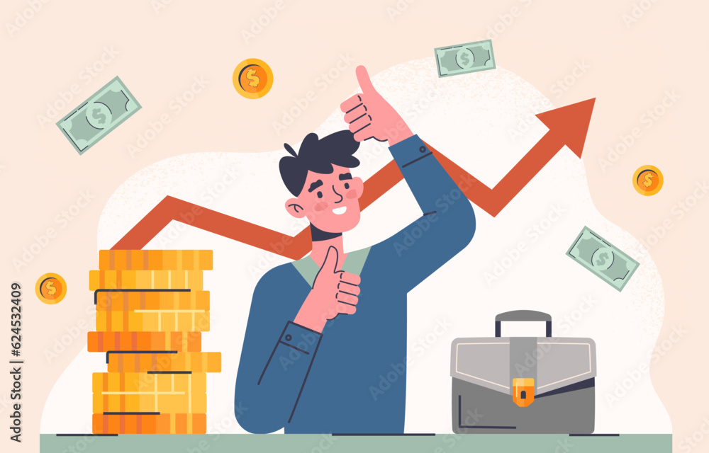 Poster man with income growth concept. young guy at background of graph and chart. entrepreneur, trader and