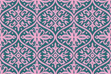 Graphic seamless tile pattern with pink flowers and geometric elements on a dark green background in Damascus style. Hand drawn illustration with colored pencils texture