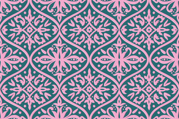 Graphic seamless tile pattern with pink flowers and geometric elements on a dark green background in Damascus style. Hand drawn illustration with colored pencils texture