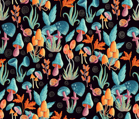 Seamless pattern with hand-drawn blue turquoise red and orange mushrooms and leaves in a mysterious style on dark background. Cottage core and dreamy aesthetic illustration with color pencils texture