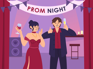 Prom night concept. Boy and girl with drinks in glass cups. Tasty liquid and beverage. School graduates and teenagers. Party and event, disco. Invitation postcard. Cartoon flat vector illustration © Rudzhan
