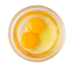 Two Broken Eggs in Bowl Isolated, Raw Yolk and White, Fresh Broken Organic Chicken Eggs