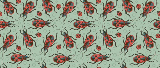 Graphic seamless pattern with ladybugs and firebugs in red, grey and brown colors on a light green background. Hand drawn insects  illustration with colored pencils texture