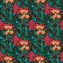 Graphic seamless pattern with orange crocuses, blue berries, small red flowers and green leaves on a dark background in damask style. Hand drawn illustration with color pencils texture