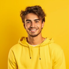 Fototapeta premium Portrait of a smiling young adult man with brown hair. Closeup face of a handsome young Caucasian man smiling at camera on yellow background. Front view, happy young European man in yellow sweatshirt.
