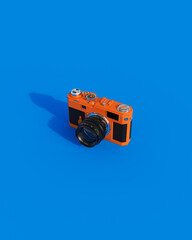 Obraz premium Orange vintage camera 80s 90s nostalgia retro silver chrome black blue background 3d illustration render digital rendering