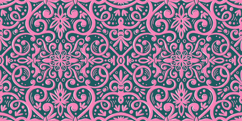 Graphic seamless tile pattern with pink flowers and geometric elements on a dark green background. Hand drawn illustration with colored pencils texture