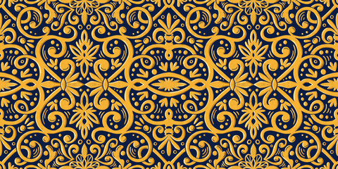 Graphic seamless tile pattern with gold flowers and geometric elements on a dark blue background. Hand drawn illustration with colored pencils texture
