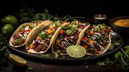 A platter of colorful and flavorful Mexican street tacos, garnished with fresh herbs and lime wedges