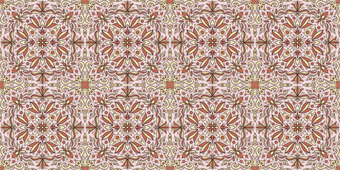 Graphic seamless tile pattern with gold and brown flowers and geometric elements on a light pink background