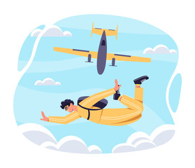 Skydiver at sky concept. Man skydiving, active lifestyle and extreme sports. Fun and entertainment. Jump from plane. Human in air in suit, paratrooper. Cartoon flat vector illustration