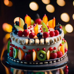 Homemade cake with a fruit decoration stock image.