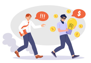 Man steals ideas concept. Young guy with light bulbs. Plagiarism and copyright infringement. Criminal and scammer on Internet. Online hacker. Legal support. Cartoon flat vector illustration
