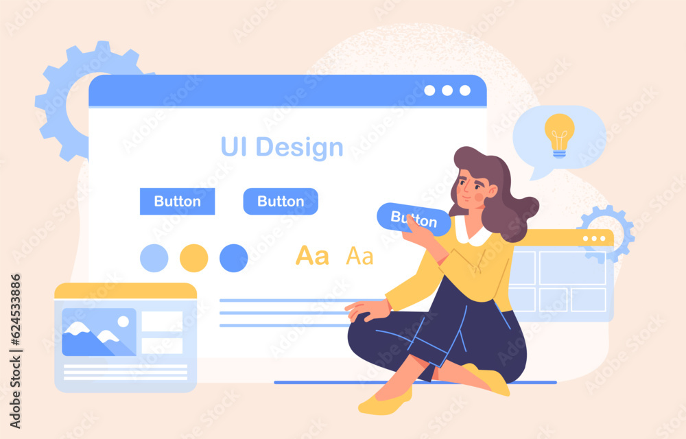 Aufkleber woman with ui design concept. young girl with design for mobile application and program. graphic des
