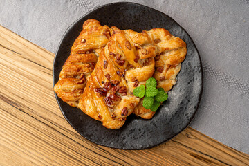 Maple Pecan Puff Pastry, Danish Plaits Pastries with Maple Syrup and Pecan Nuts, Breakfast Bakery