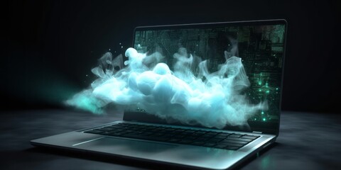 laptop and internet cloud, Cloud Symbol Hovers over Laptop in Luminous Sfumato, Embracing the Technological Marvels of Future Tech and Exacting Precision in Cyan and Black Cloudcore Style