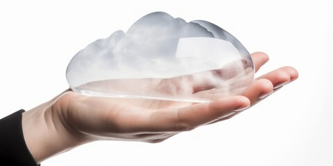 hand holding mobile with cloud symbol, Cloud Symbol Hovering Over a Mobile Phone in Luminous Sfumato, Showcasing Technological Marvels and Exacting Precision in Cloudcore Style