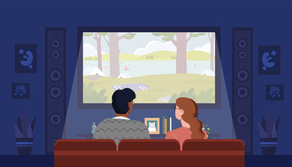People watching movie concept. Man and woman sit on red armchairs and watch film on big screen. Series, art and creativity. Event leisure and rest, entertainment. Cartoon flat vector illustration